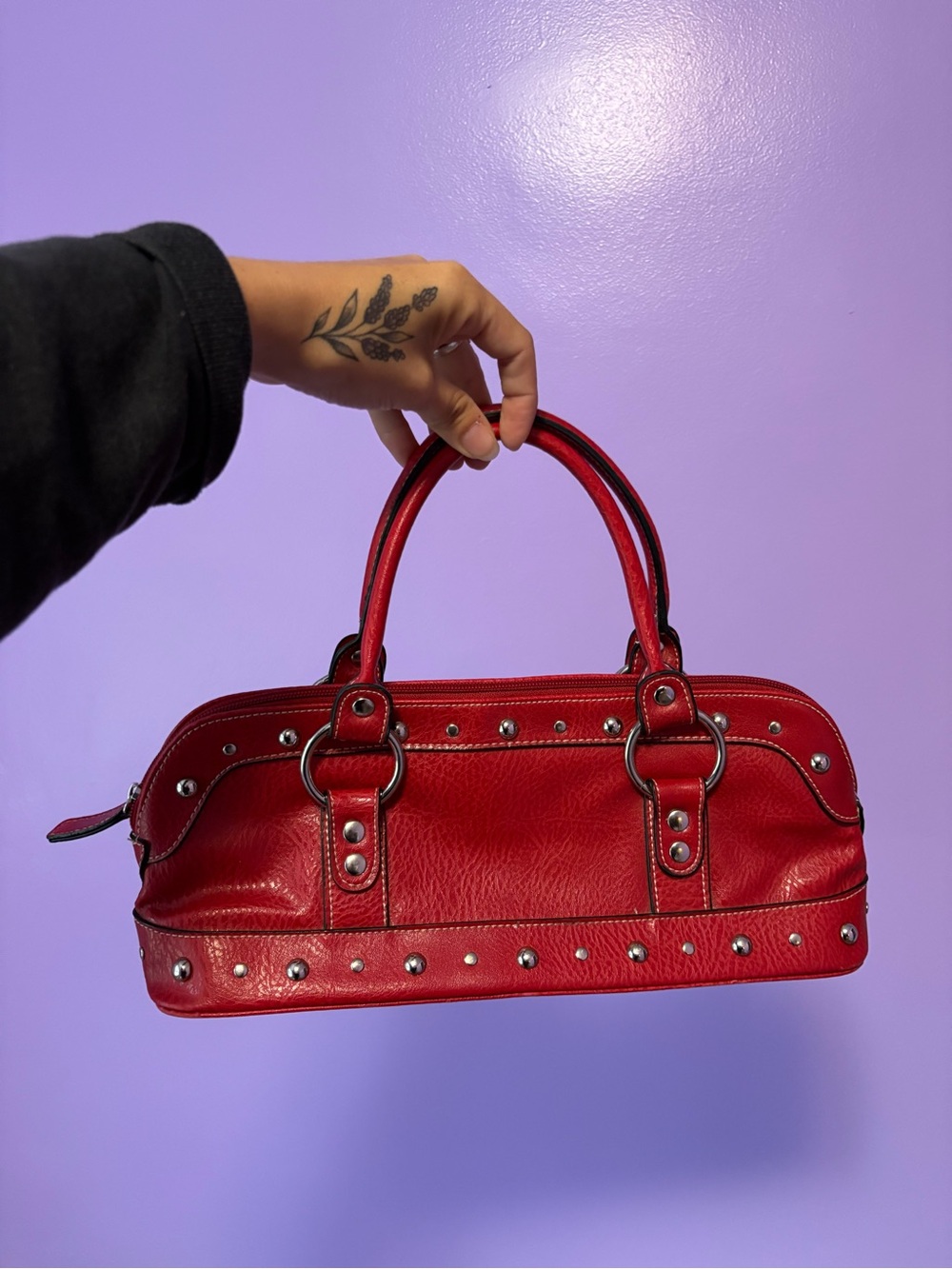 Red Studded Leather Satchel Handbag